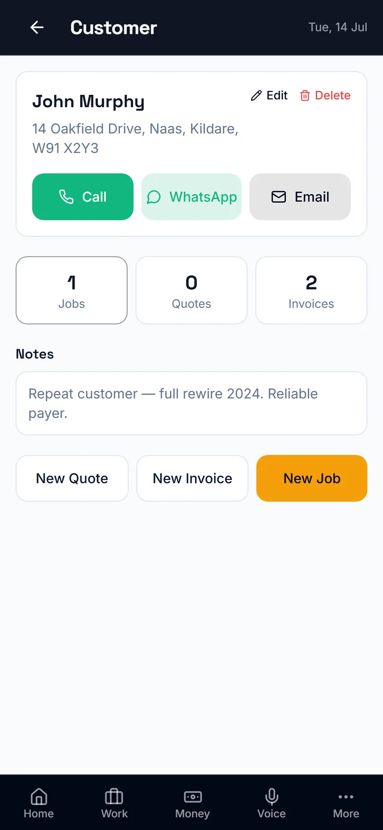 A customer profile in Grafta with jobs, quotes and payments