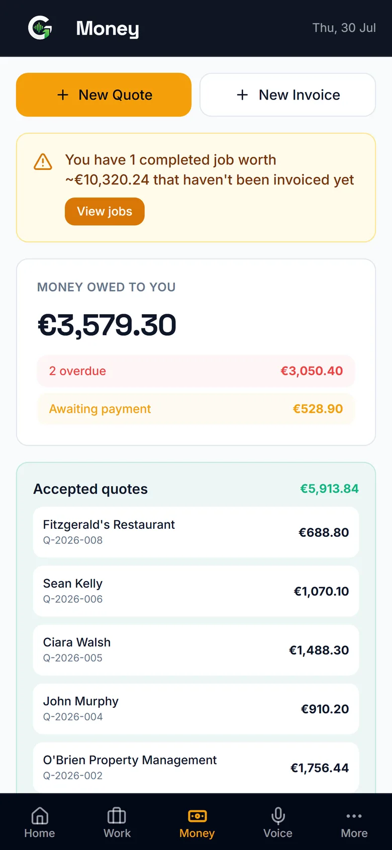 Grafta's money view — what you're owed and overdue invoices